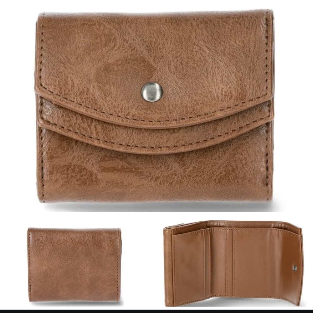 🍎 Nwt Heart Faux Leather Double Flap Wallet Brown Bill 4 Slot Bifold Cardholder